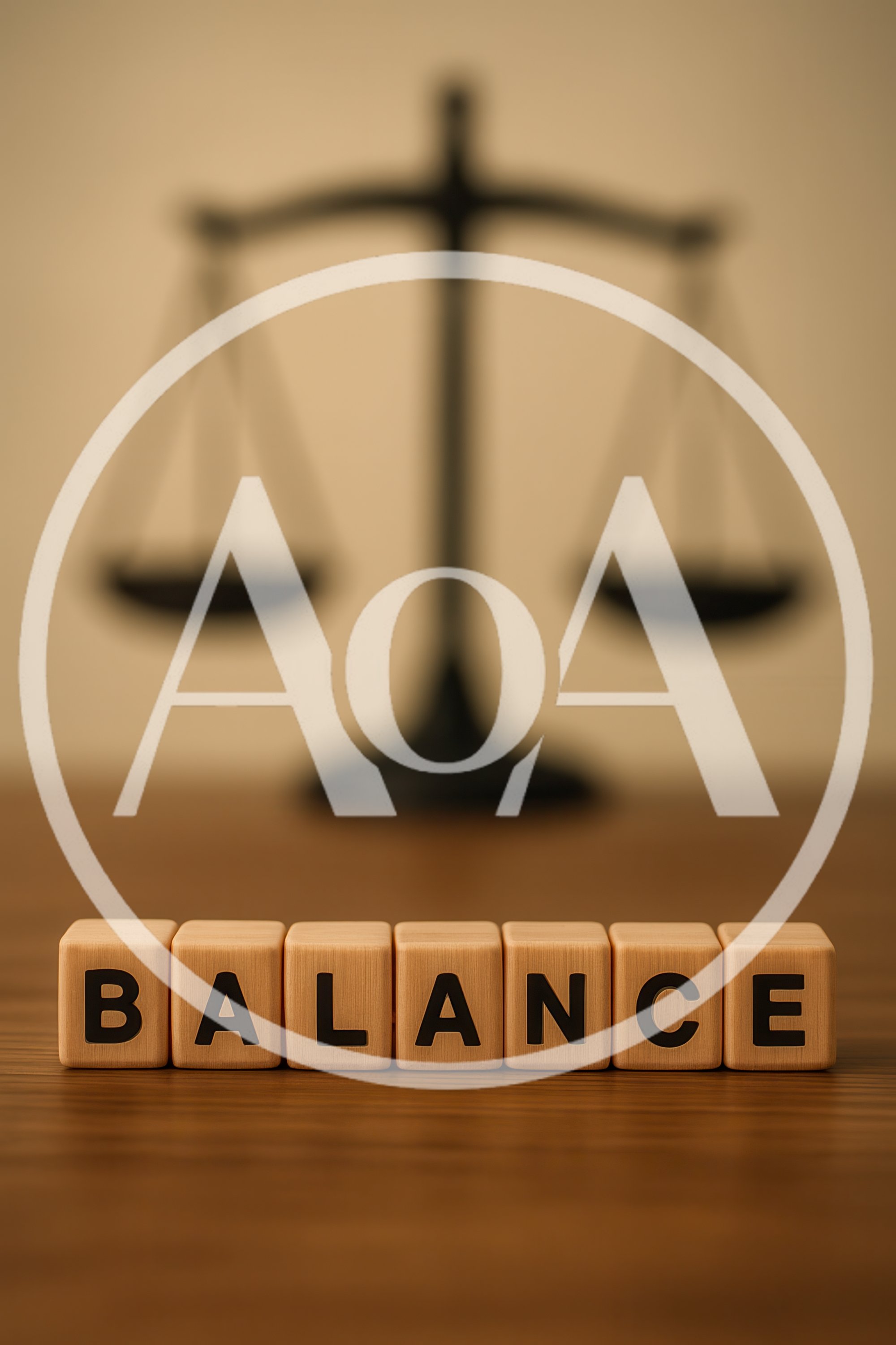 Wooden Blocks Spelling Balance With Blurred Scales Of Justice