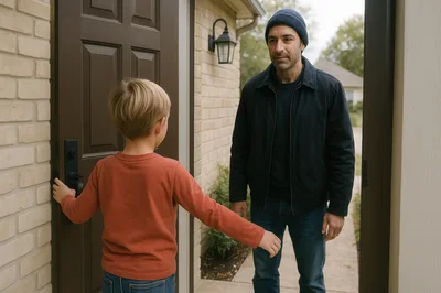 Young Boy Opening Front Door For His Father