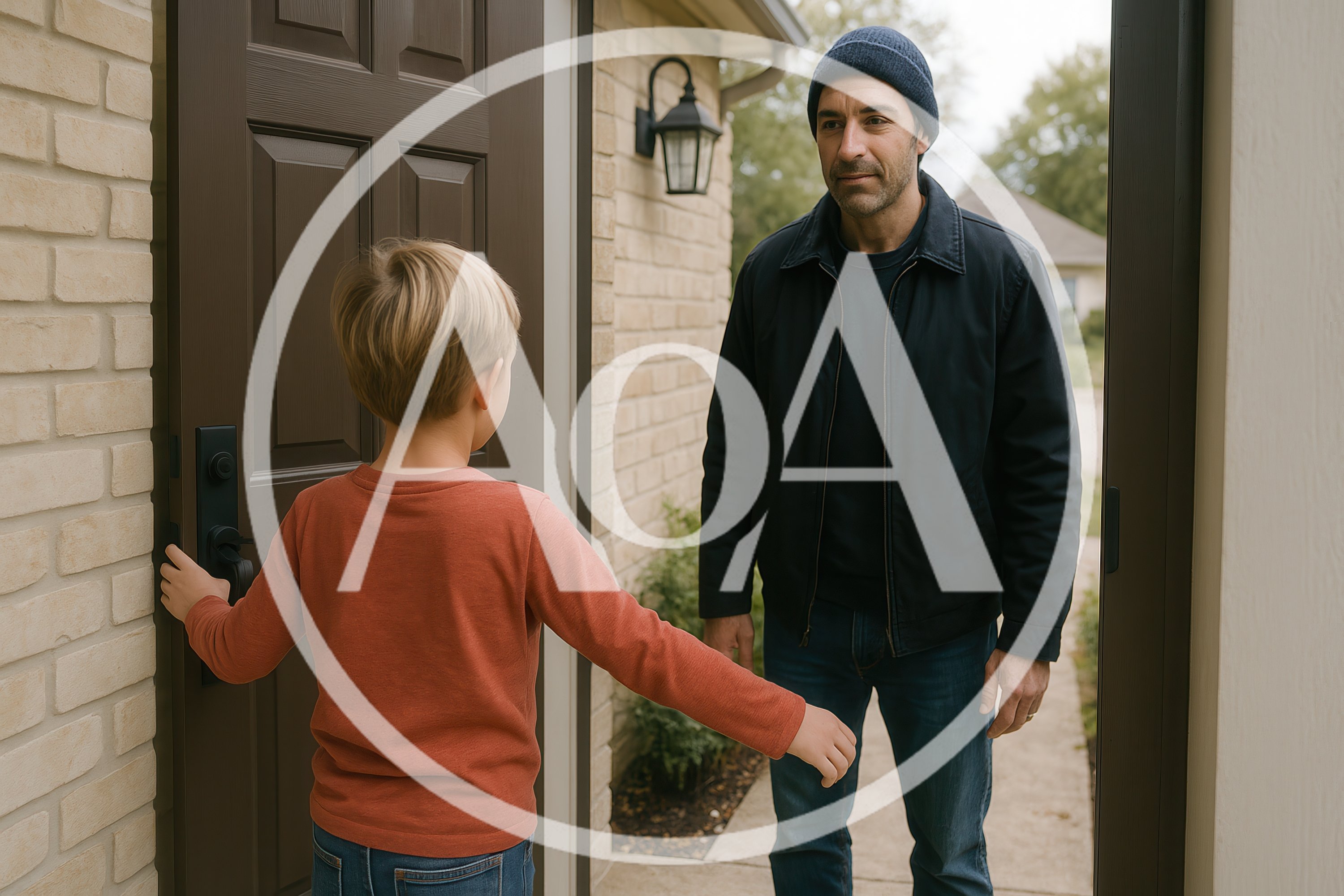 Young Boy Opening Front Door For His Father