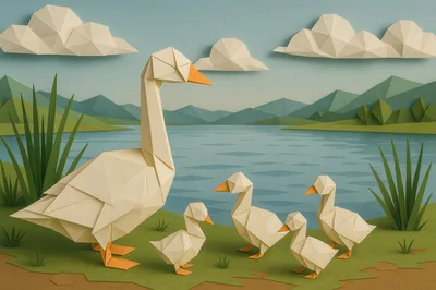 Origami Paper Goose Family Near A Lake