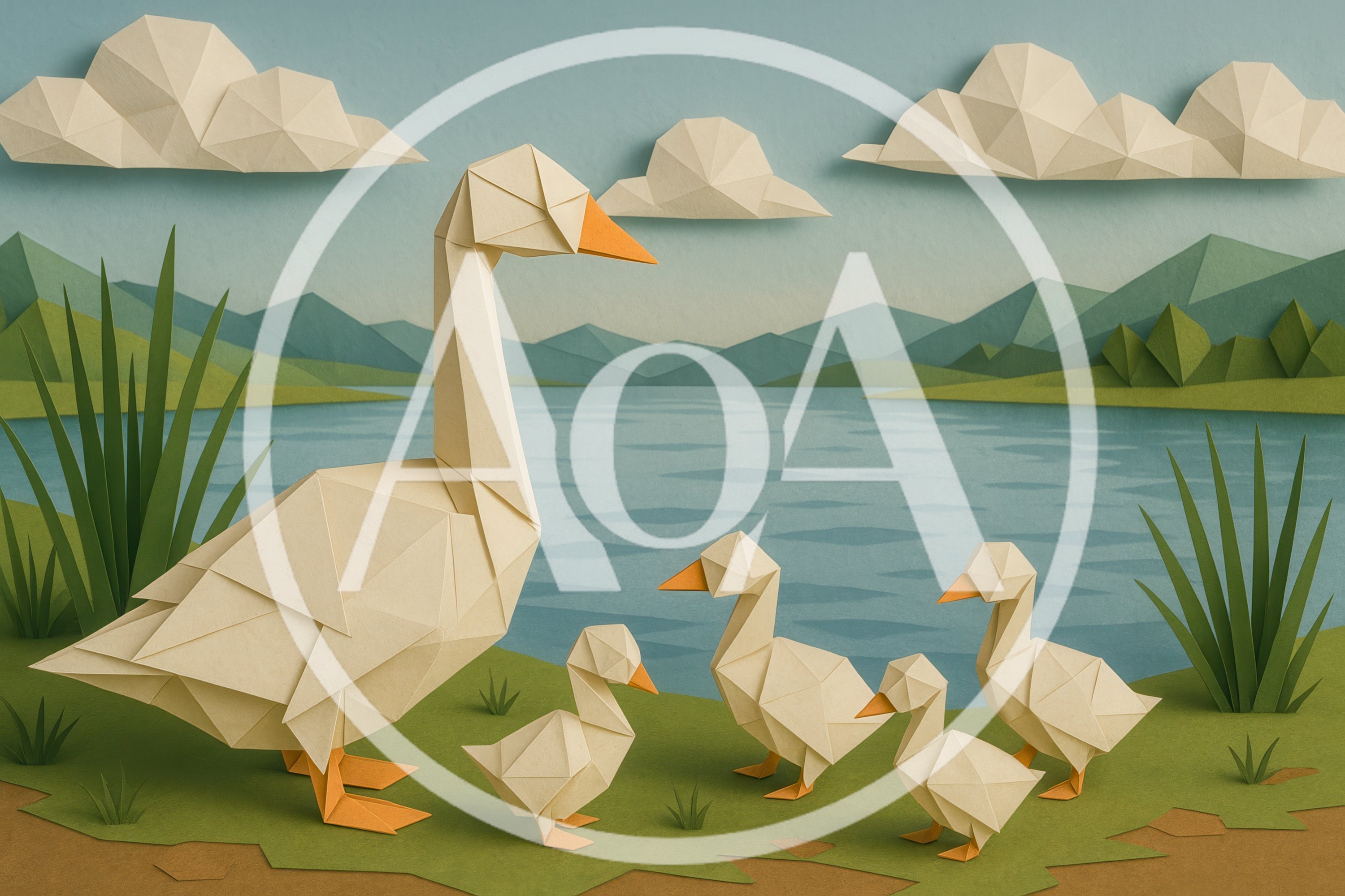 Origami Paper Goose Family Near A Lake