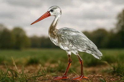 Glass Stork Sculpture Standing In A Field