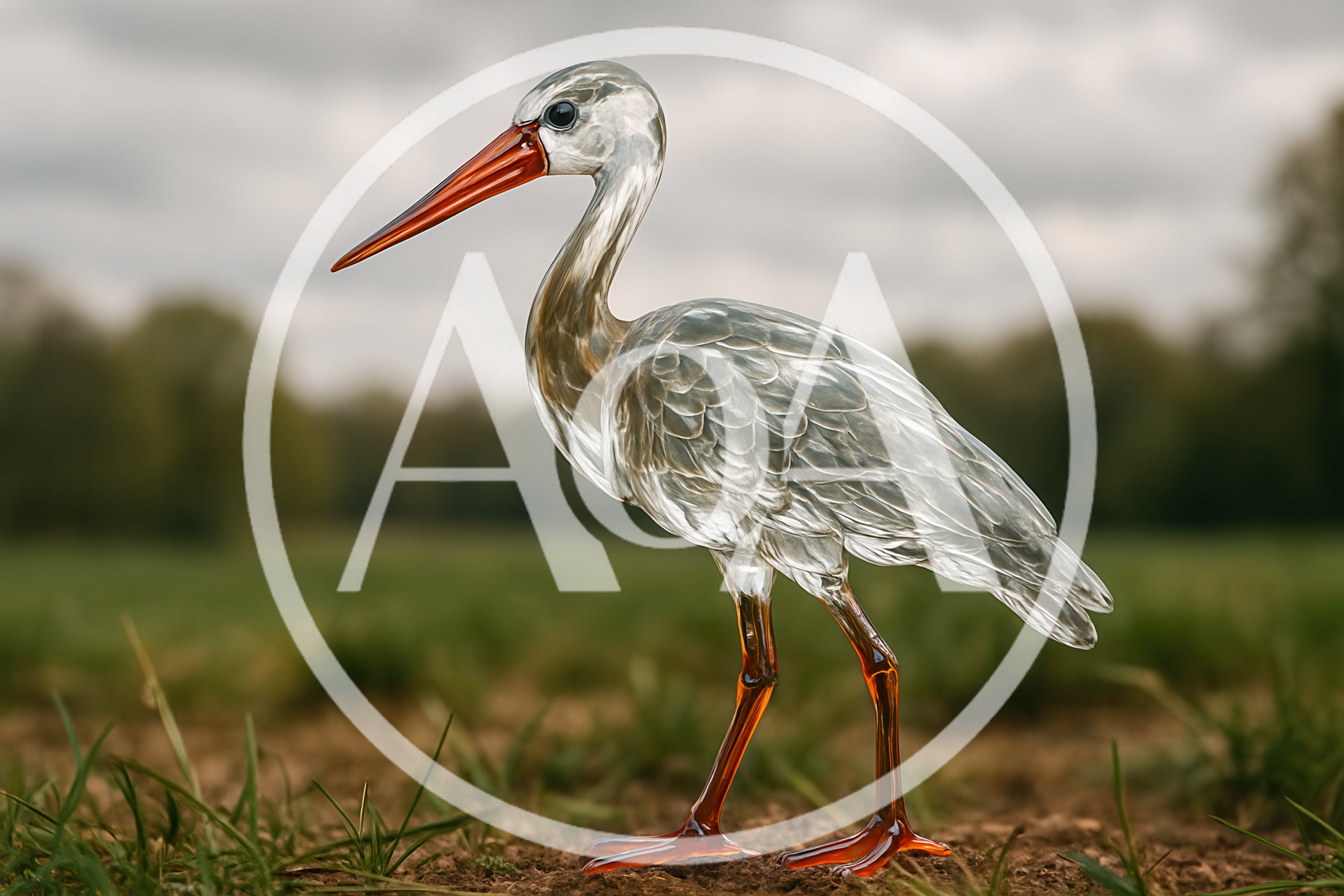 Glass Stork Sculpture Standing In A Field