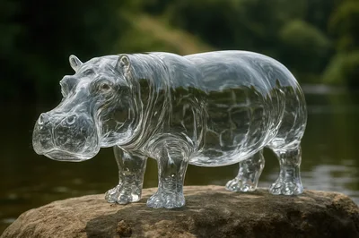 Transparent Glass Hippopotamus Sculpture On A River Rock