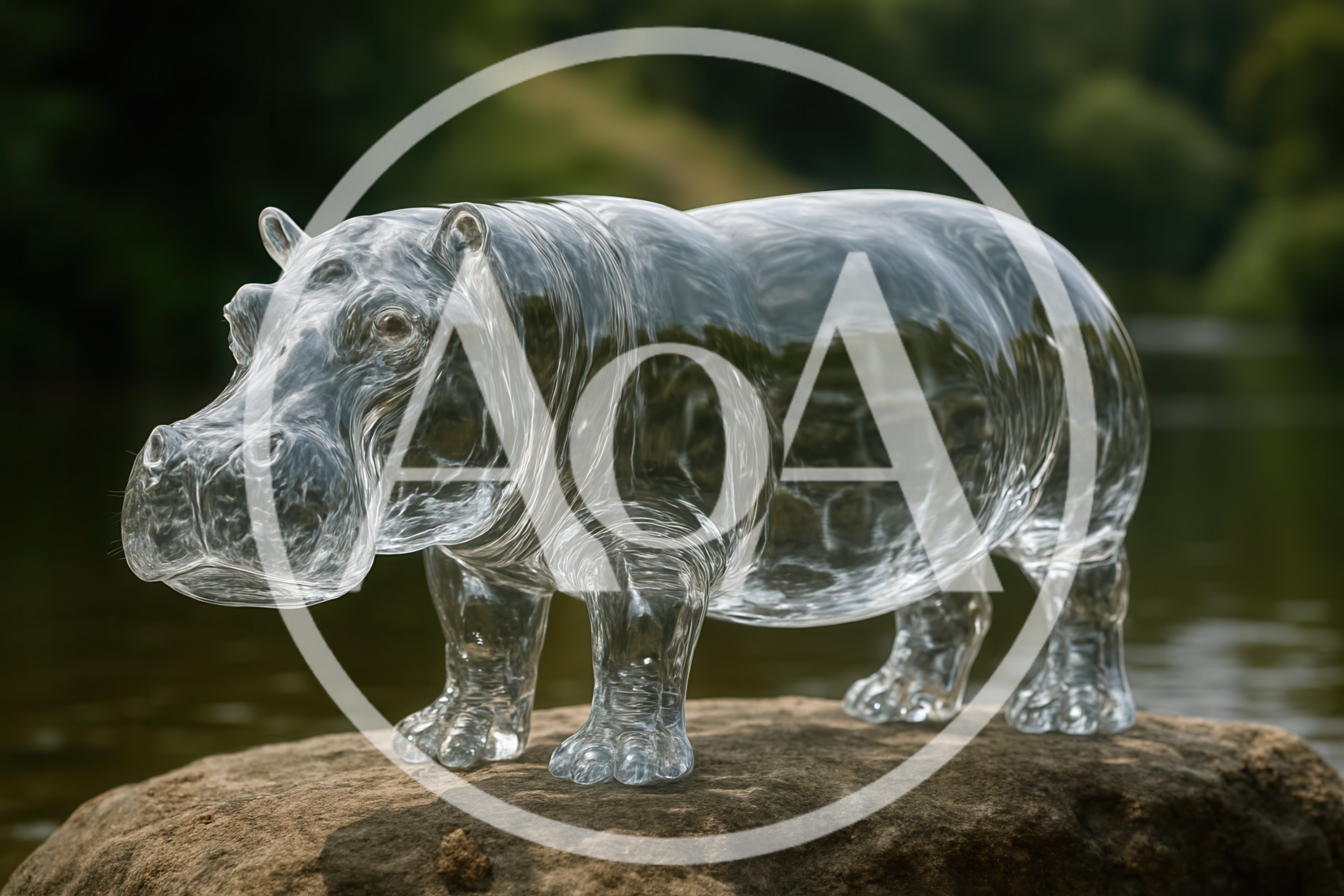Transparent Glass Hippopotamus Sculpture On A River Rock