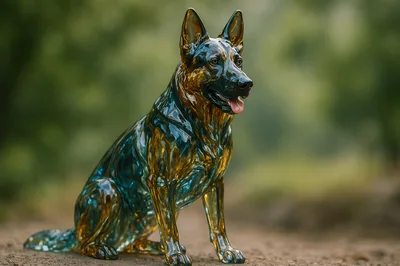 Glass German Shepherd Statue Sitting Outdoors