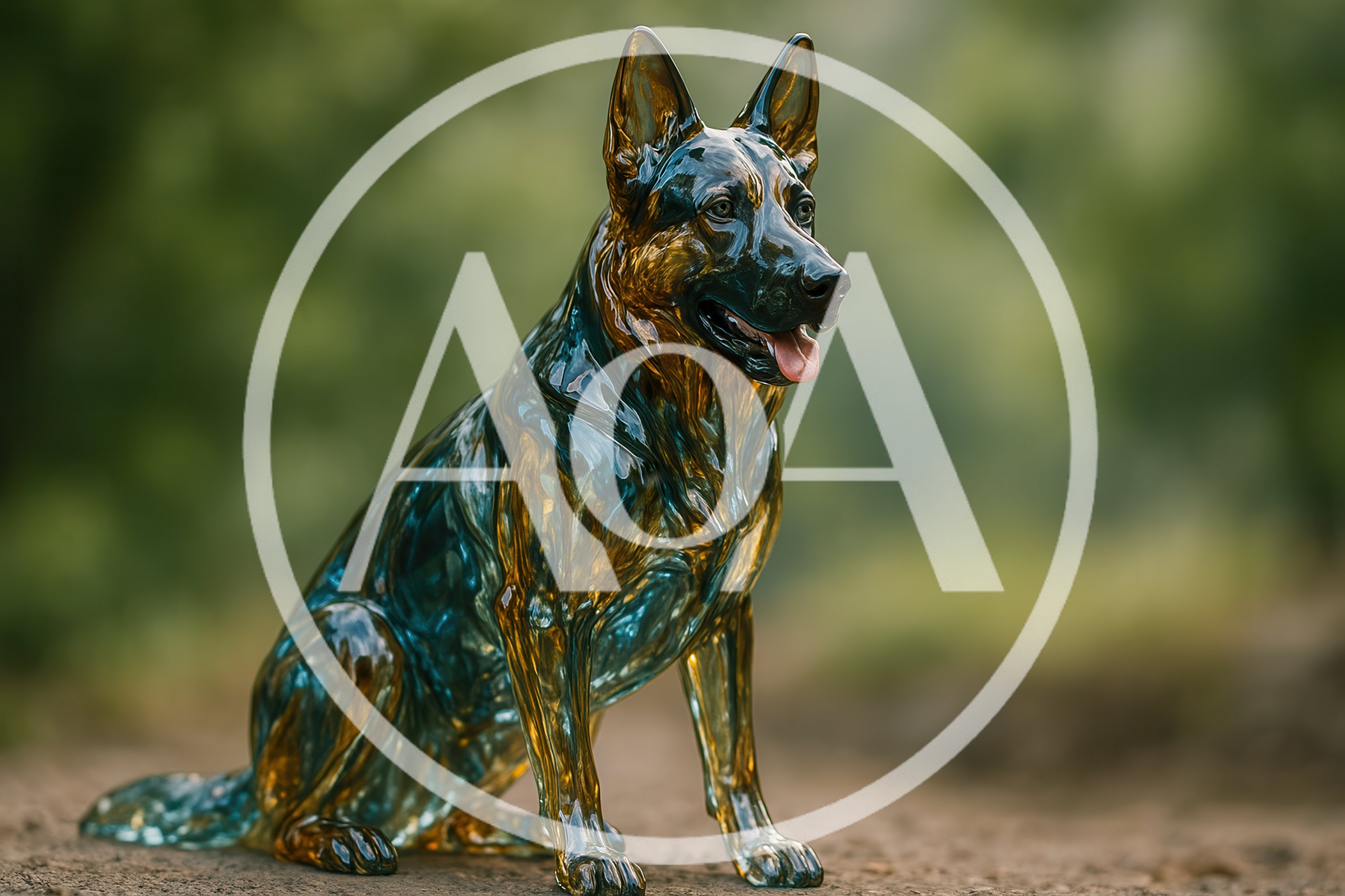 Glass German Shepherd Statue Sitting Outdoors