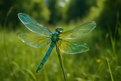 Glass Dragonfly Sculpture Resting On A Green Stem