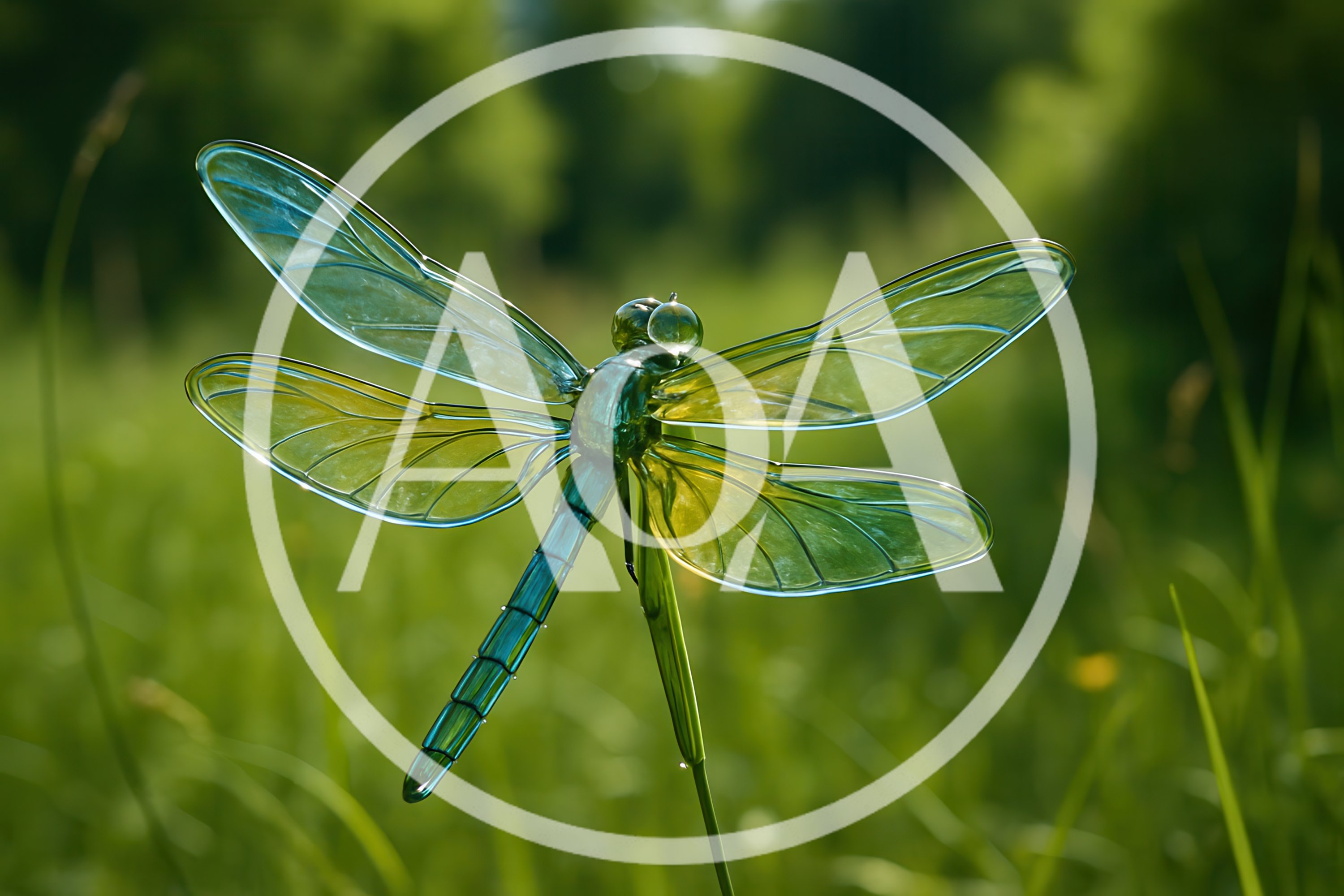 Glass Dragonfly Sculpture Resting On A Green Stem