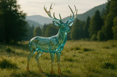 Translucent Glass Deer Sculpture In A Meadow