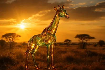 Glass Giraffe Sculpture Standing In African Savanna Sunset