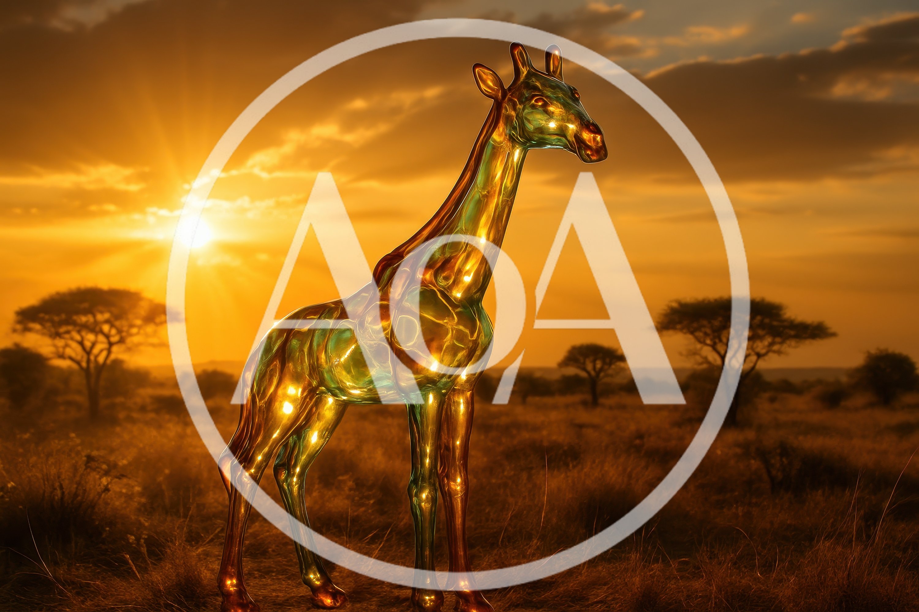 Glass Giraffe Sculpture Standing In African Savanna Sunset