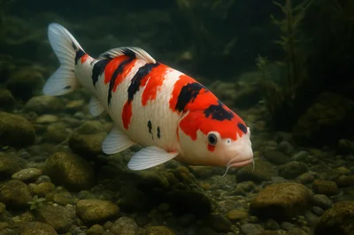 Koi Fish Swimming Underwater Over Riverbed Rocks