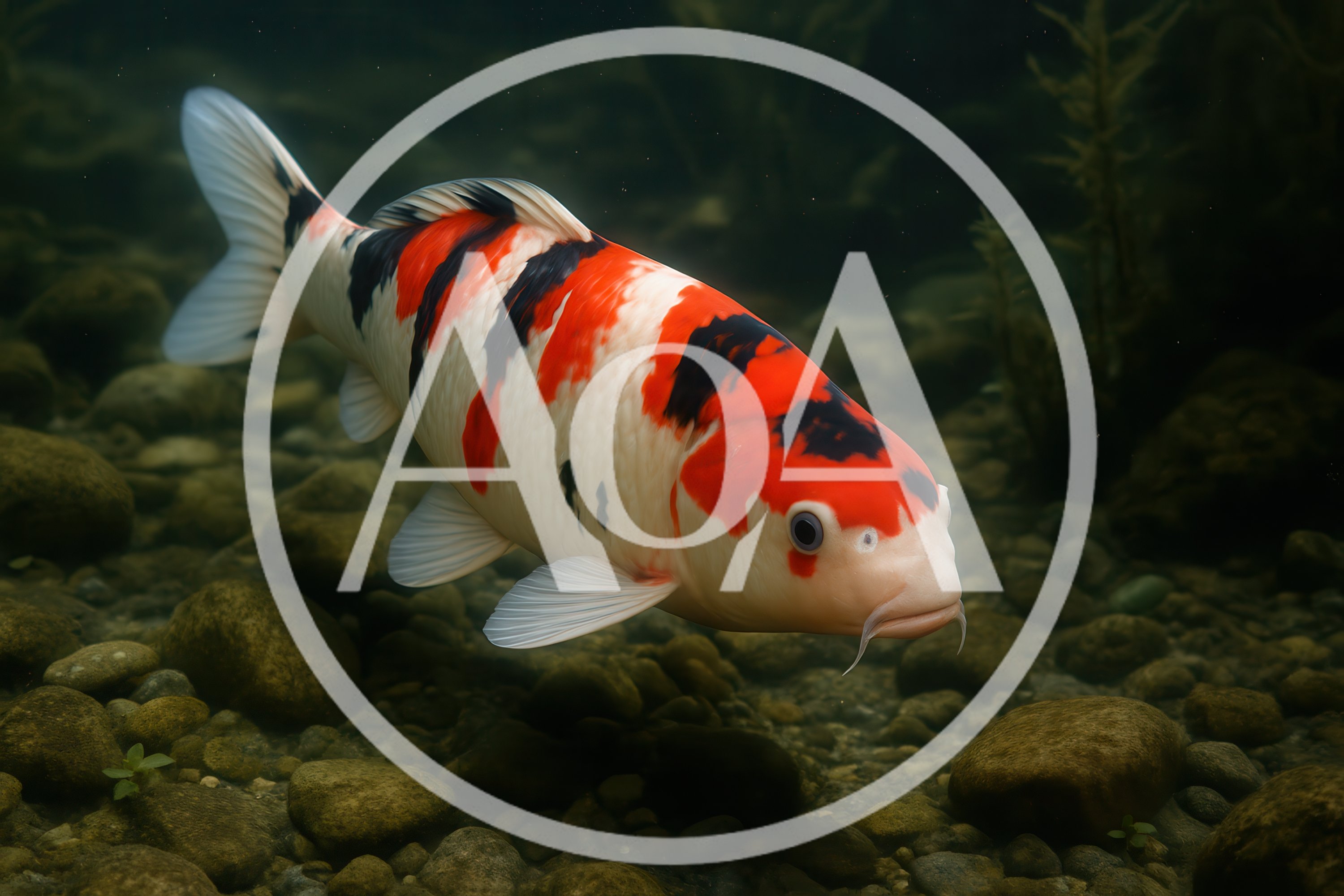 Koi Fish Swimming Underwater Over Riverbed Rocks