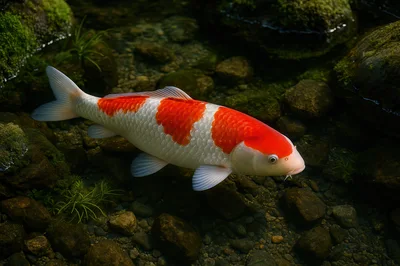 Kohaku Koi Fish Swimming in Clear Pond