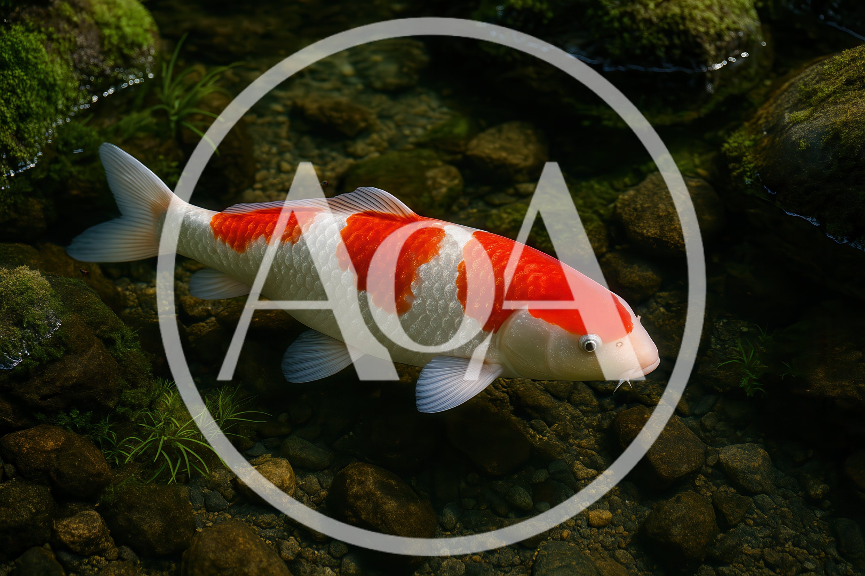 Kohaku Koi Fish Swimming in Clear Pond
