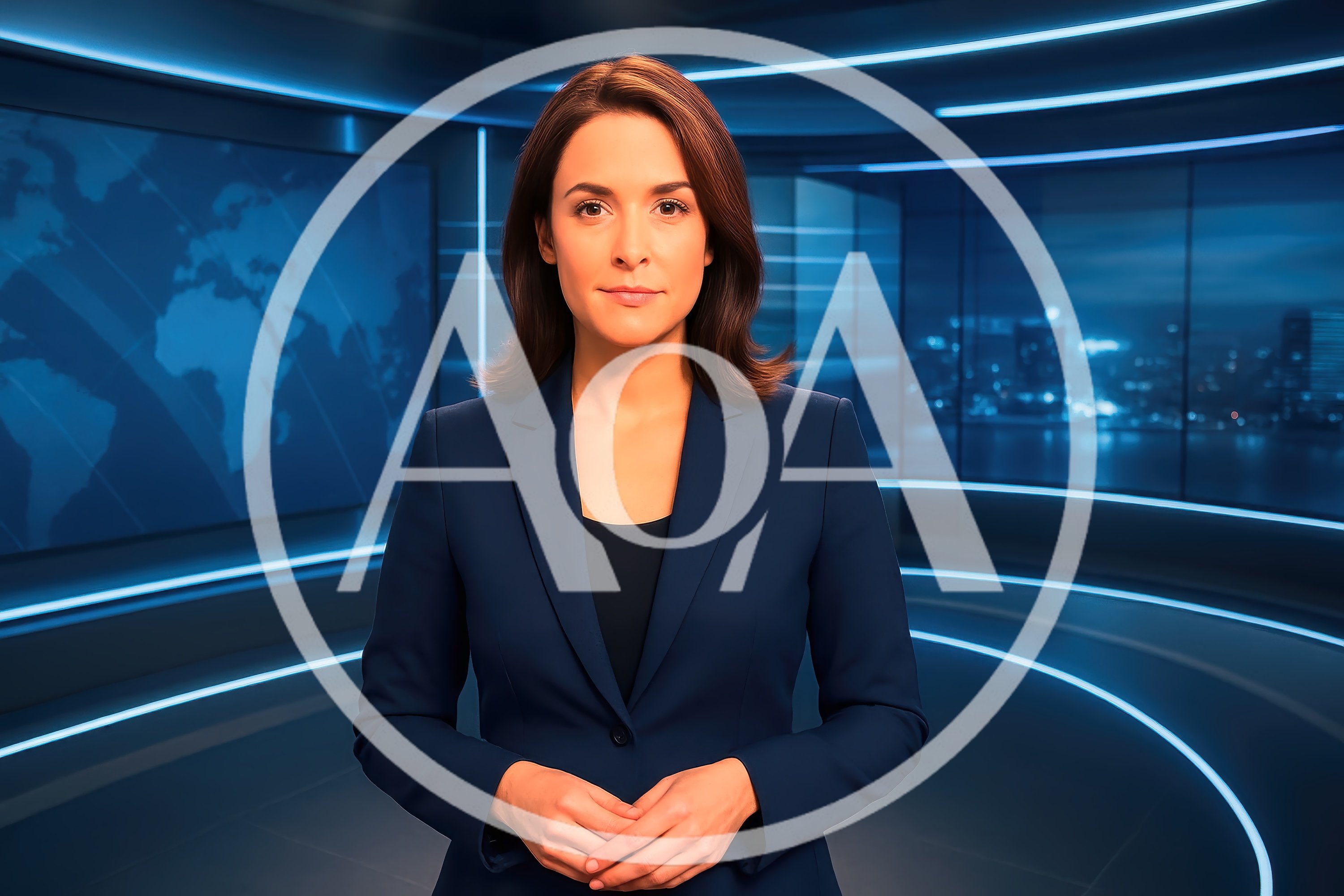 Female News Anchor Presenting In A Modern Studio