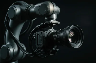 Industrial Robotic Arm Holding A Professional Cinema Camera