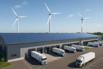 Modern Logistics Warehouse With Solar Panels And Wind Turbines