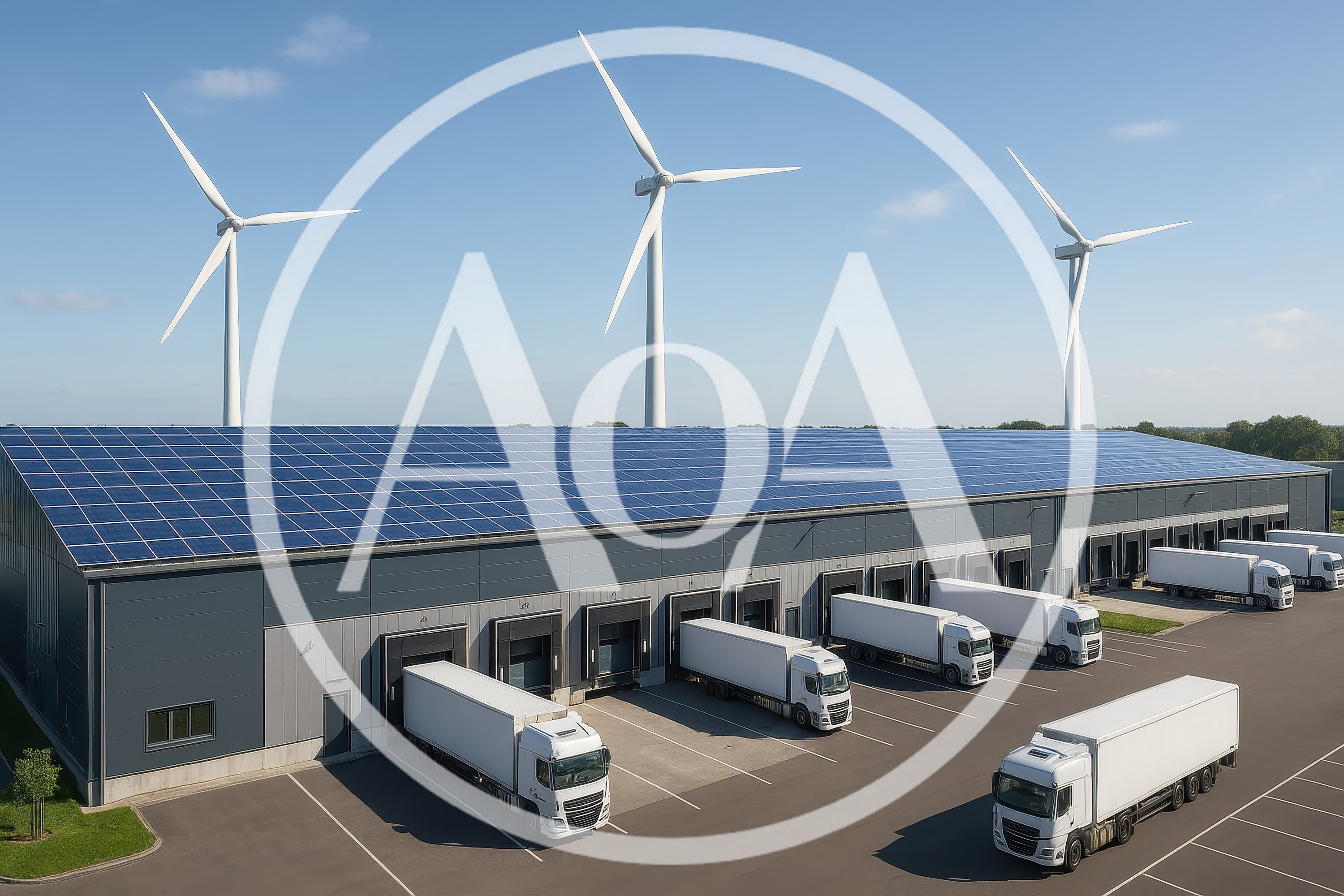 Modern Logistics Warehouse With Solar Panels And Wind Turbines