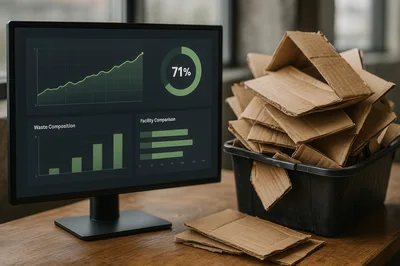 Data Dashboard Displaying Recycling Metrics Next To Cardboard