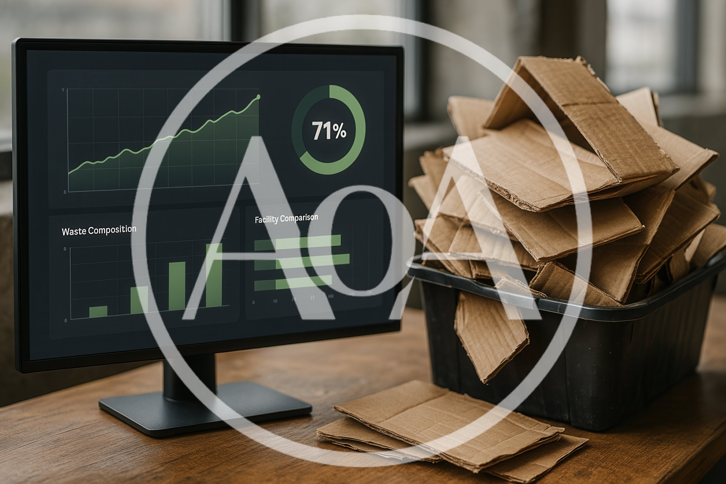 Data Dashboard Displaying Recycling Metrics Next To Cardboard