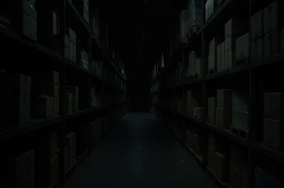 Dark Warehouse Aisle With Stacked Cardboard Boxes