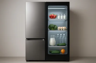 Modern Refrigerator With Glass Door And Fresh Food