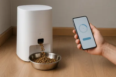 Person Using Smartphone App To Control Automatic Pet Feeder