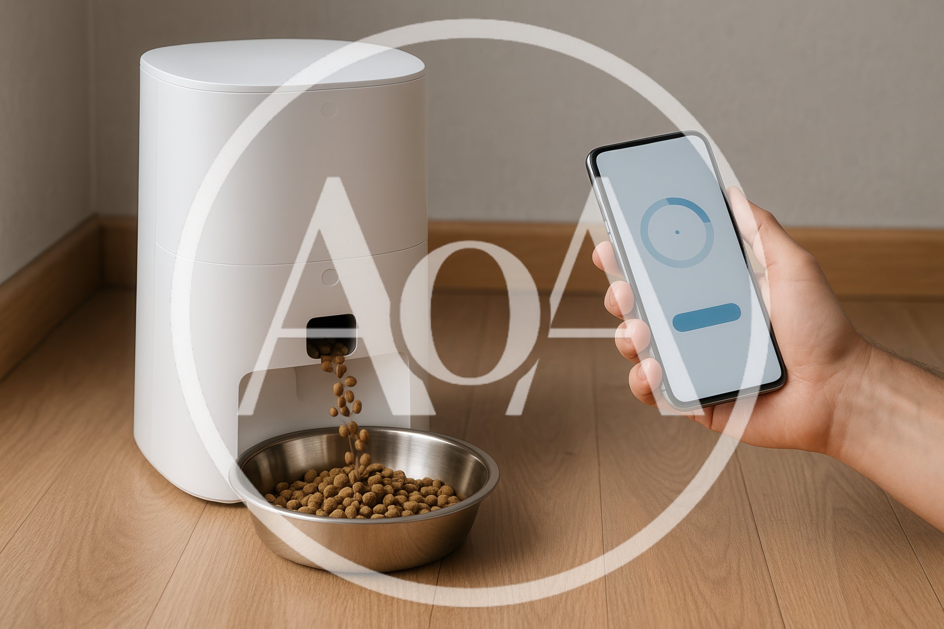 Person Using Smartphone App To Control Automatic Pet Feeder