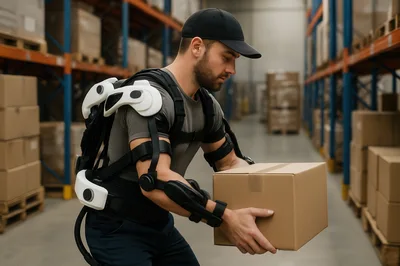 Warehouse Worker Wearing Industrial Exoskeleton Lifting Box