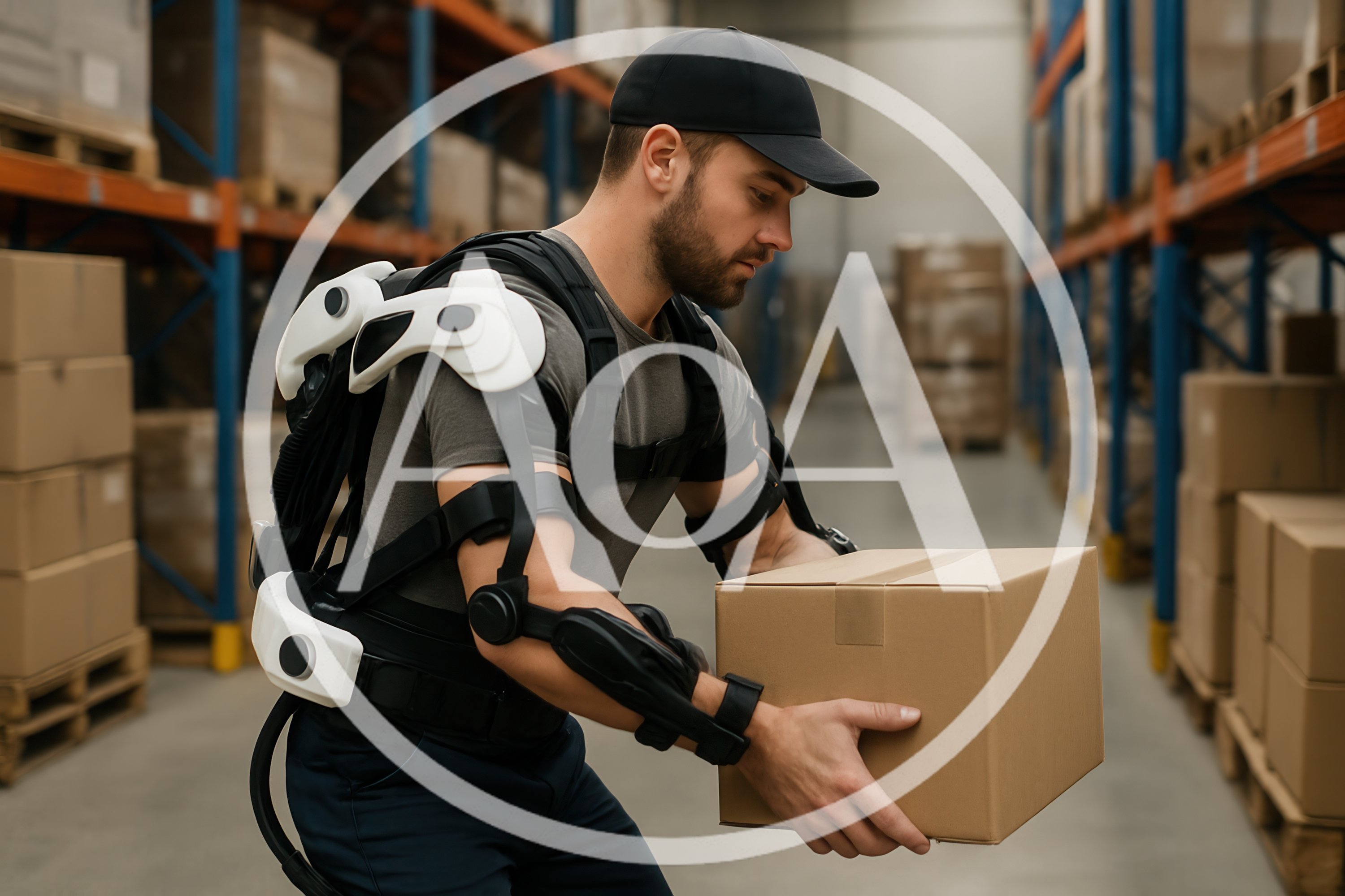 Warehouse Worker Wearing Industrial Exoskeleton Lifting Box
