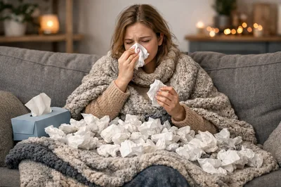Sick Woman Blowing Nose With Tissues On Sofa