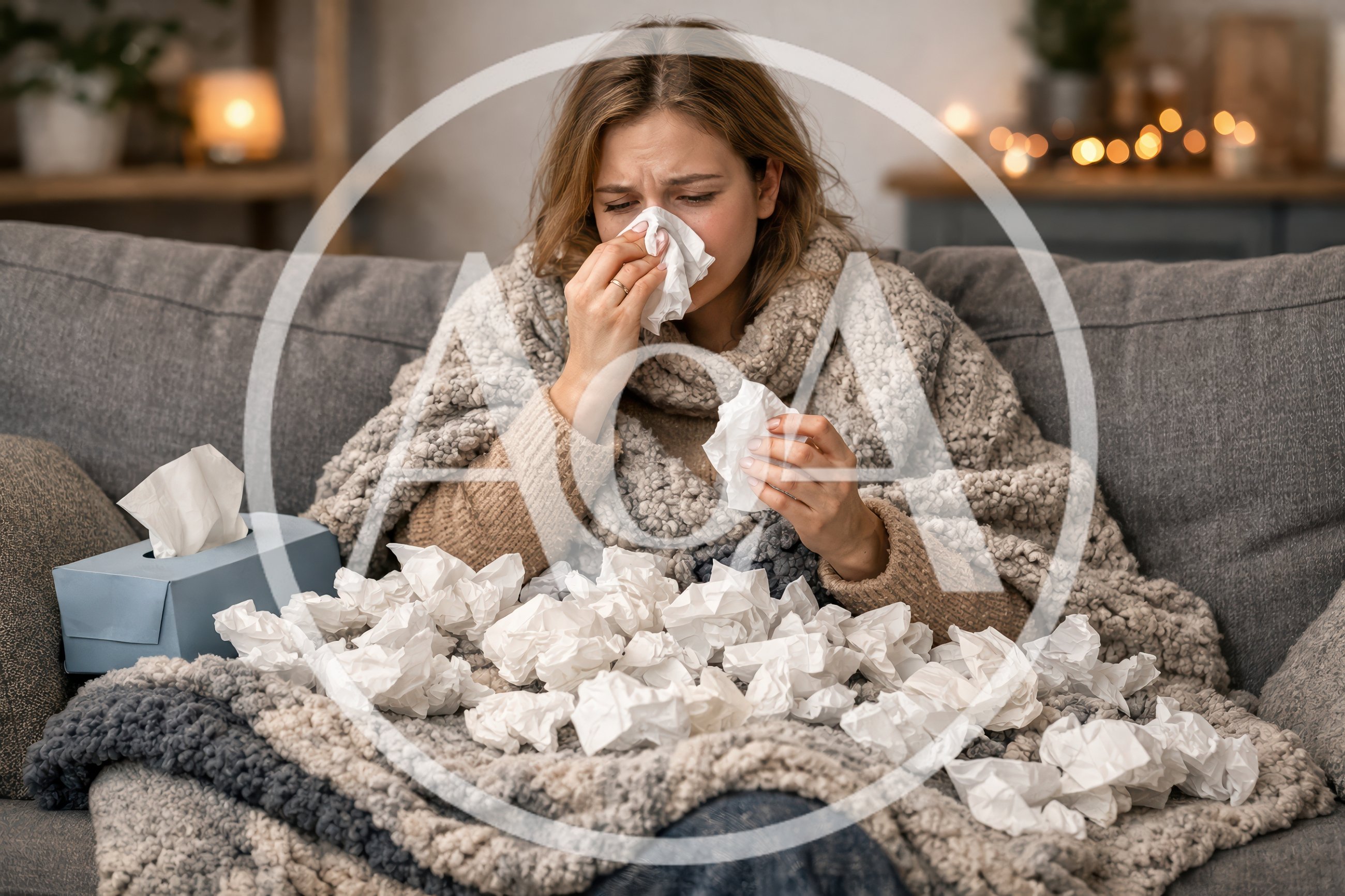 Sick Woman Blowing Nose With Tissues On Sofa