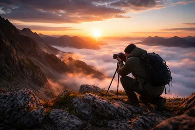 Photographer Capturing Sunrise Over Mountain Clouds