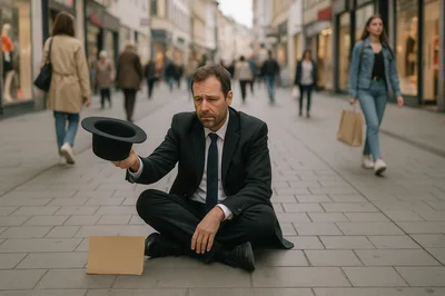 Desperate Businessman Begging On A Busy City Street