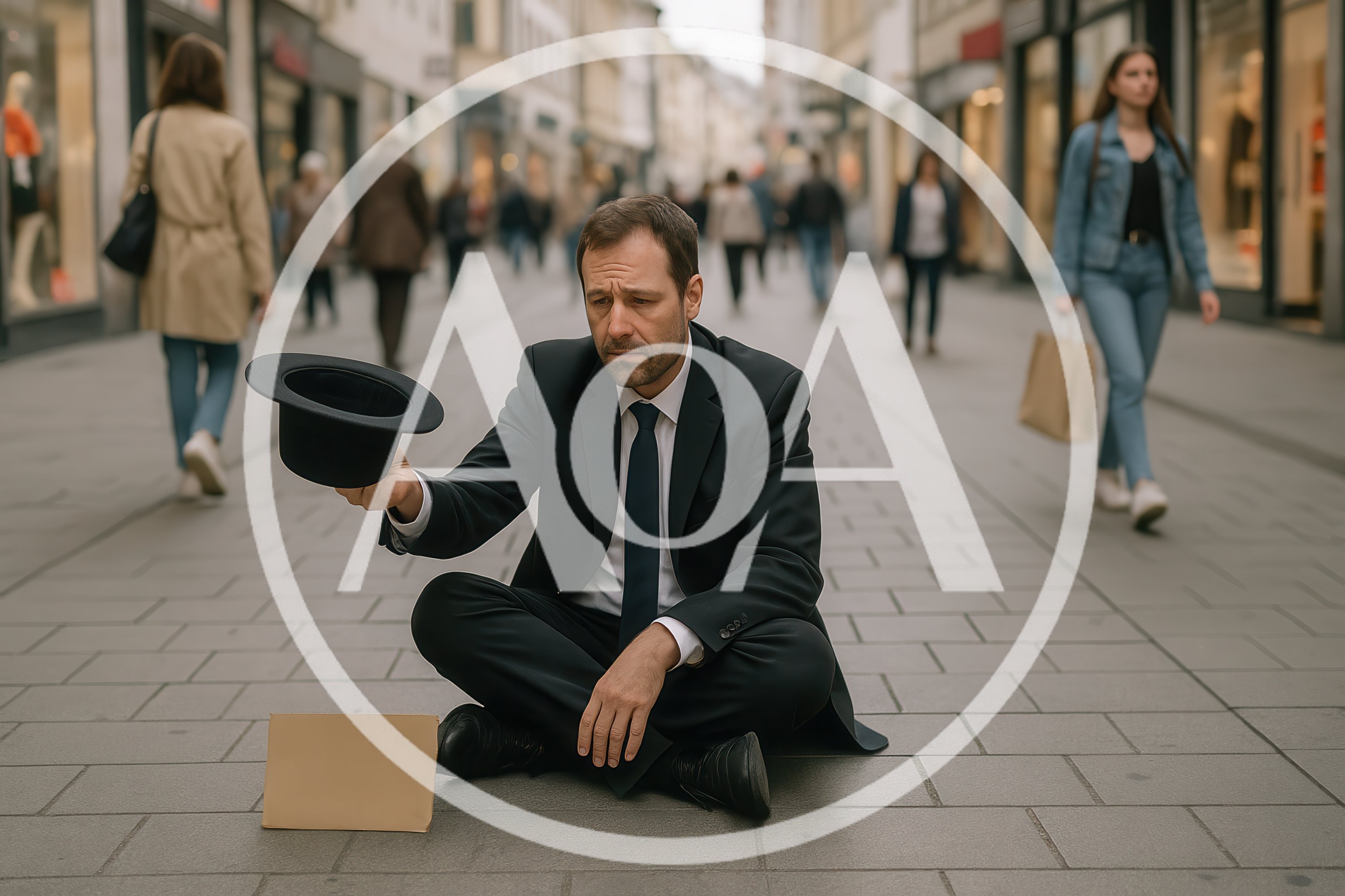 Desperate Businessman Begging On A Busy City Street