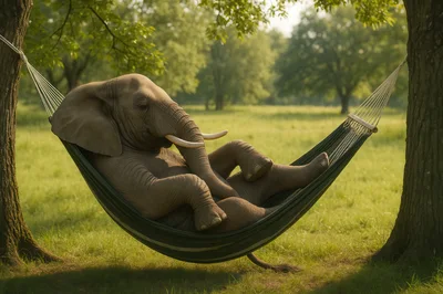Elephant Relaxing In A Hammock Between Two Trees