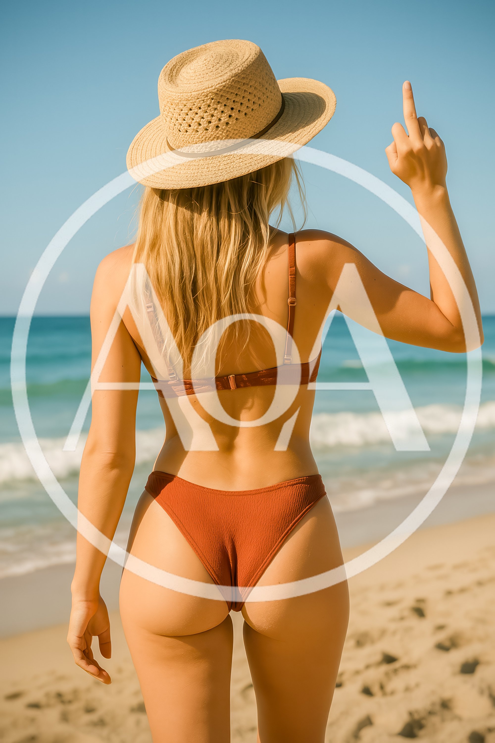 Woman In Bikini And Straw Hat On Beach