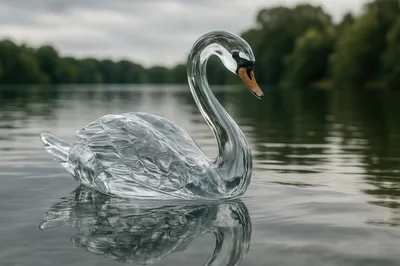 Crystal Glass Swan Figurine Floating On Calm Lake