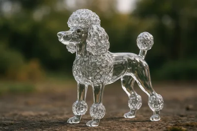 Clear Glass Poodle Figurine Standing Outdoors