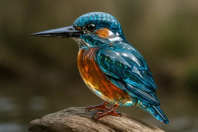 Glass Kingfisher Sculpture Perched On A Wooden Log