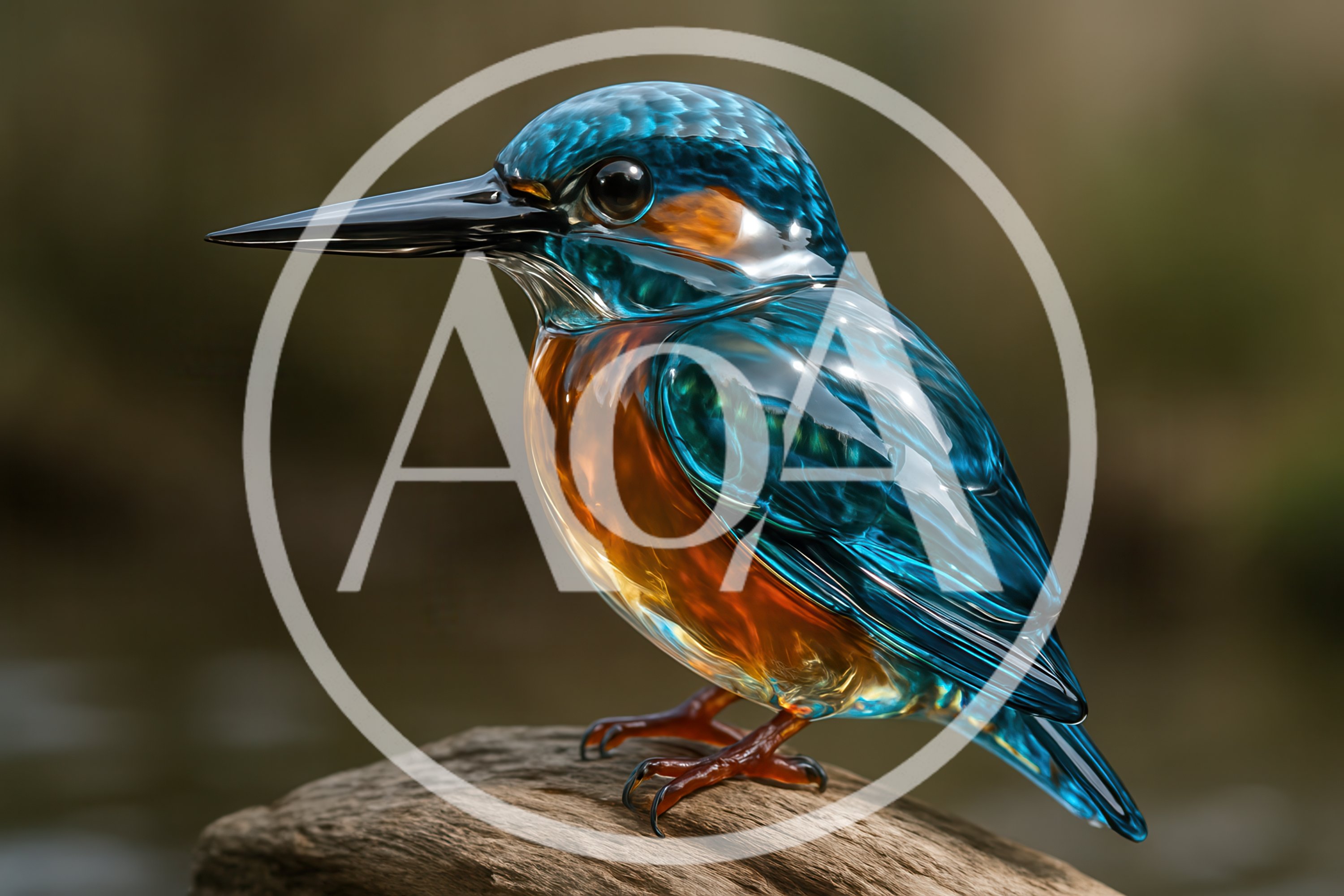 Glass Kingfisher Sculpture Perched On A Wooden Log