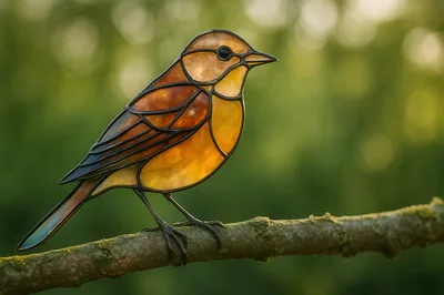 Stained Glass Bird Figurine Perched On A Tree Branch
