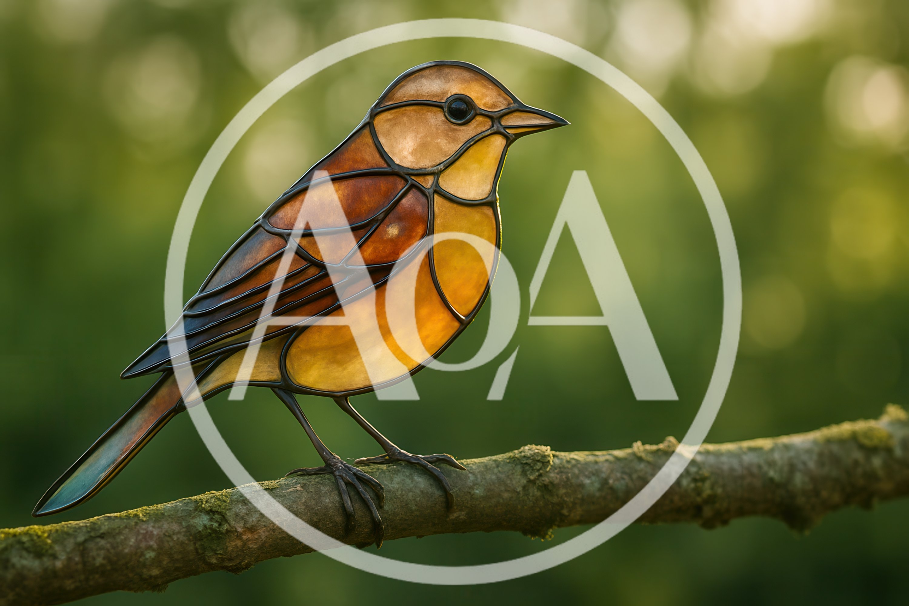 Stained Glass Bird Figurine Perched On A Tree Branch