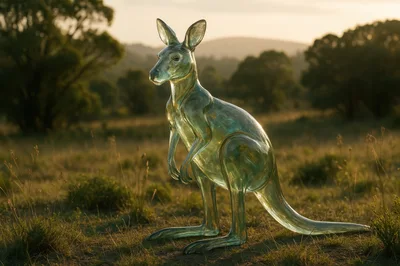 Glass Kangaroo Sculpture Standing In A Grassy Field