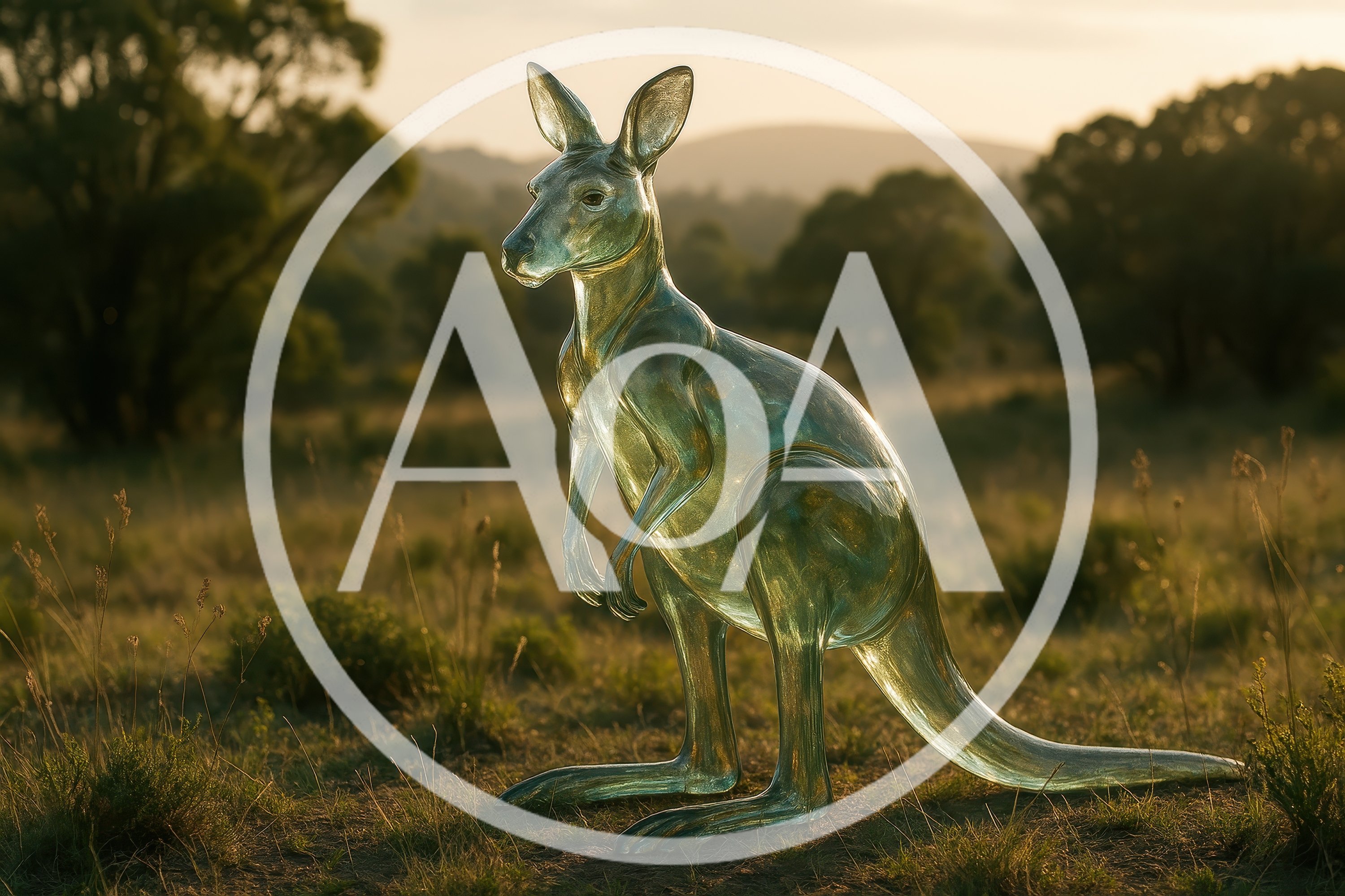 Glass Kangaroo Sculpture Standing In A Grassy Field