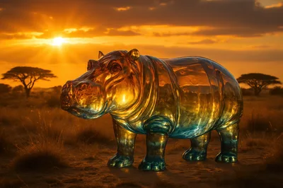 Glass Hippopotamus Sculpture In African Savanna At Sunset