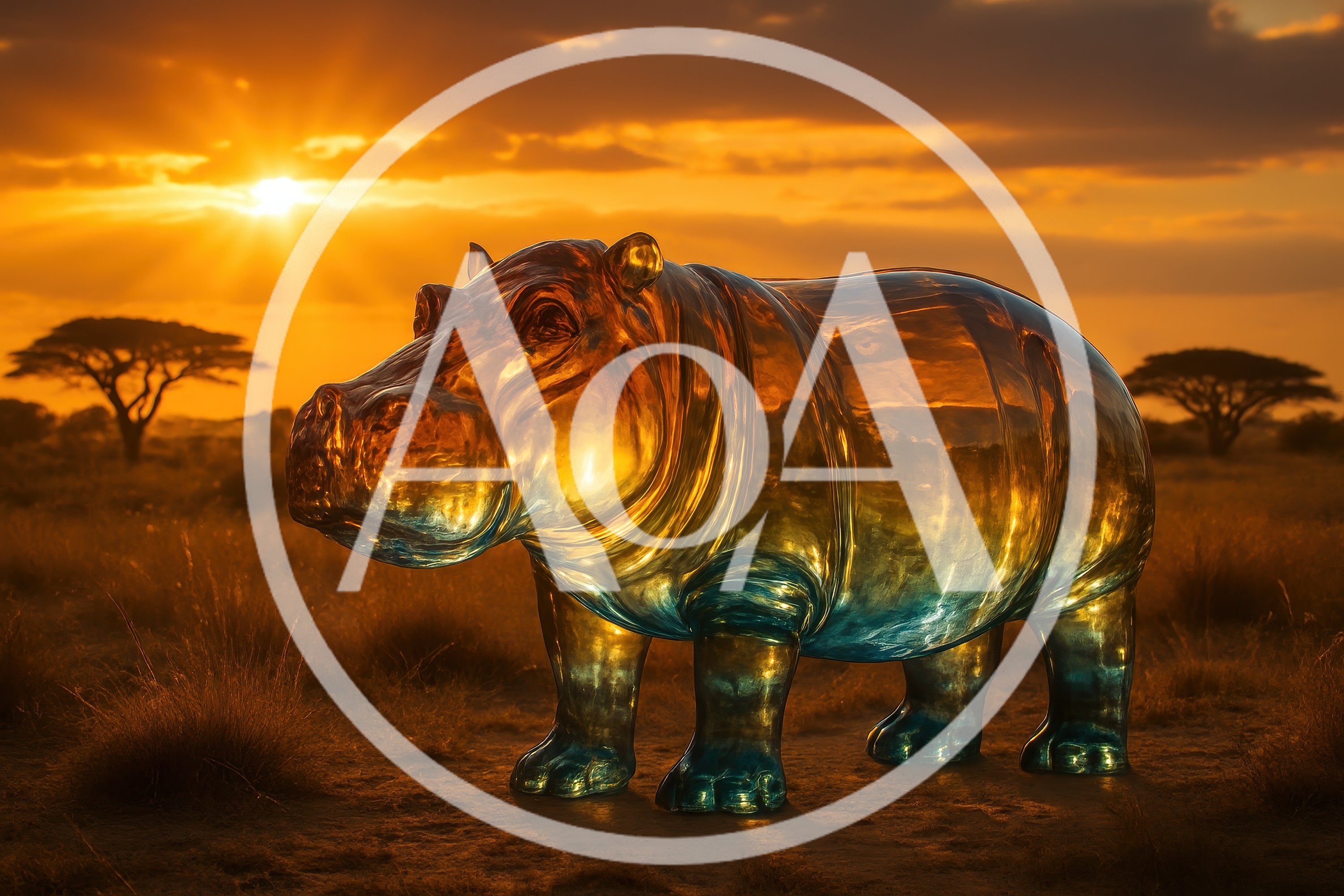 Glass Hippopotamus Sculpture In African Savanna At Sunset