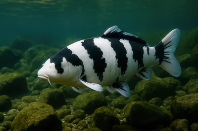 Black and White Koi Fish Swimming Underwater